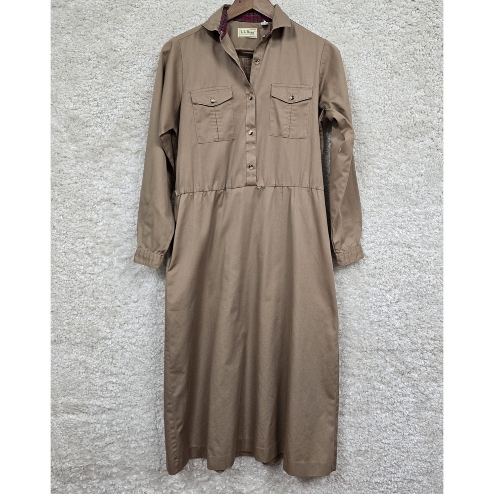 Vintage L.L. Bean Shirtdress Womens Size 8 Tan Cotton Twill Utility Modest